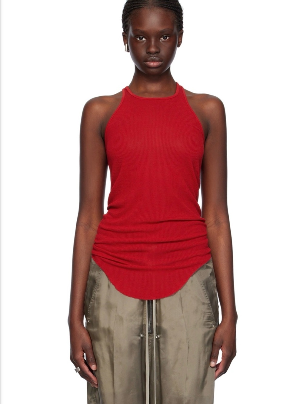 Rick Owens viscose Silk Red Ribbed Halter Tank top raw curved hem US 6 rare!